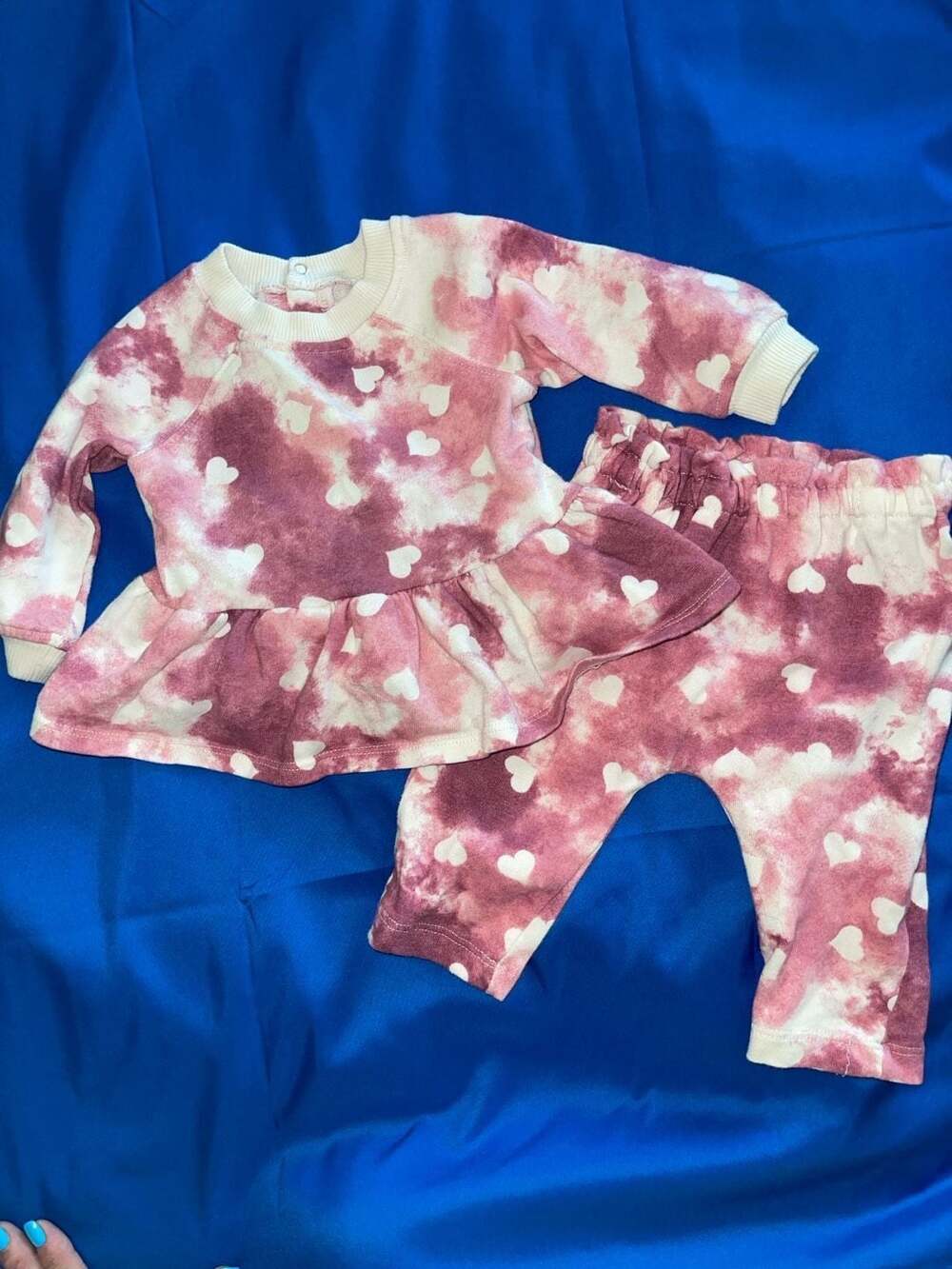 Grayson Mini Baby Girls Pink Tie Dye Heart Peplum Sweatshirt and Jogger Set